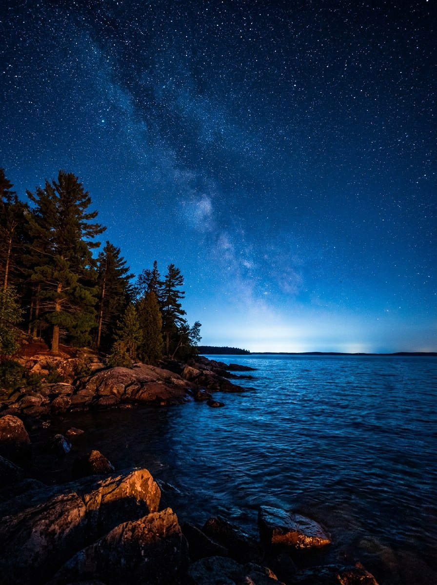 The Milky Way over a dark northern lake