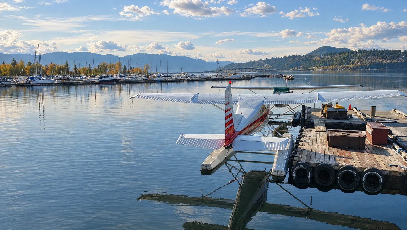 Okanagan Lake waterfront at Kelowna, British Columbia at golden hour