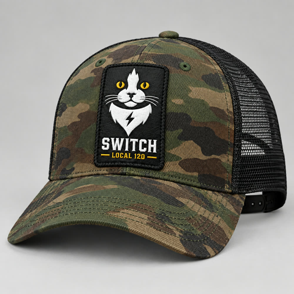 Camo mesh-back trucker cap with the Switch leather patch